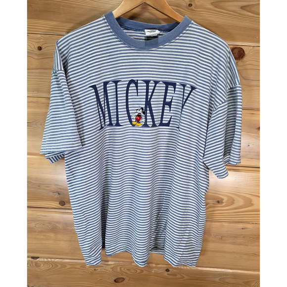Vintage 90s Disney Store Mickey Mouse T Shirt Striped USA Distress Stain READ - Picture 1 of 16